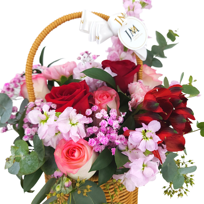 alba Roses and Carnations Korean-Style Basket Arrangement Birthday Flower Bouquet Singapore