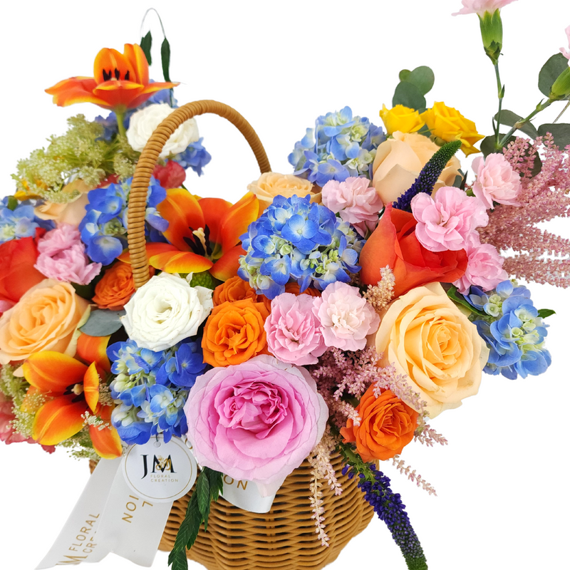 ana Roses, Hydrangeas, Tulip & Carnations Korean-Style Basket Arrangement Birthday Flower Bouquet Singapore