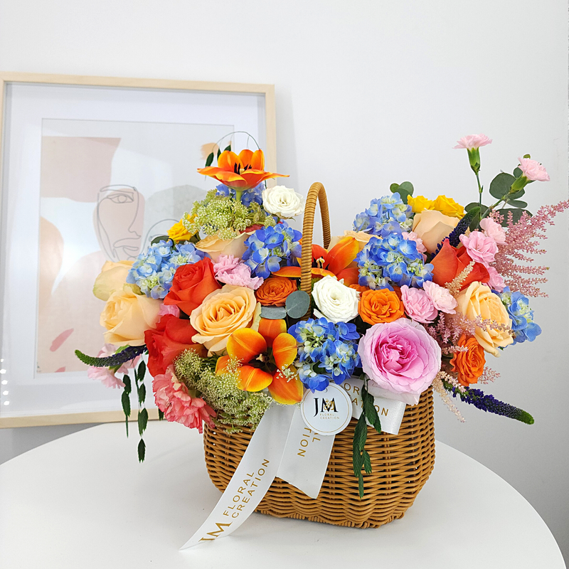ana Roses, Hydrangeas, Tulip & Carnations Korean-Style Basket Arrangement Birthday Flower Bouquet Singapore