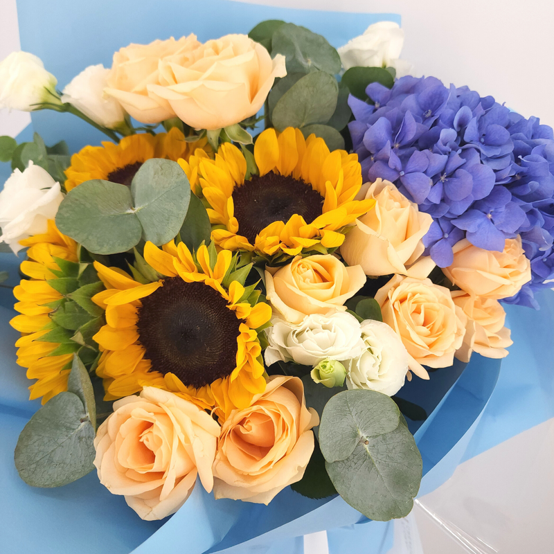annabeth Blue Hydrangeas, Sunflower & Roses Bouquet Birthday Flower Bouquet Singapore