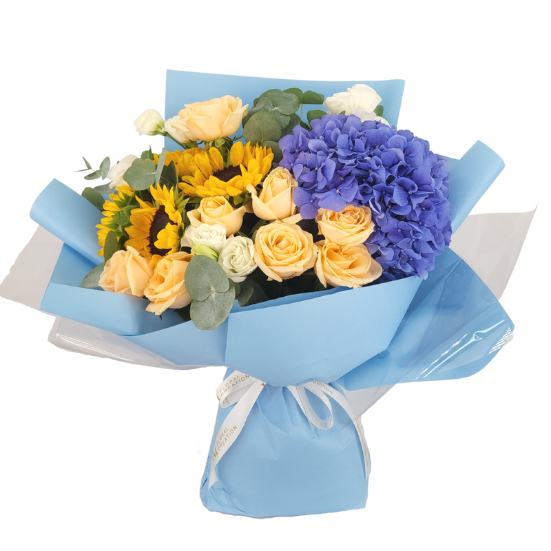 annabeth Blue Hydrangeas, Sunflower & Roses Bouquet Birthday Flower Bouquet Singapore