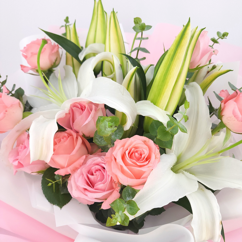 anneliese White Lilies & Pink Roses Wrapped Bouquet Birthday Flower Bouquet Singapore