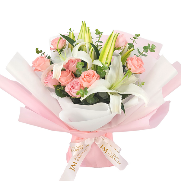 anneliese White Lilies & Pink Roses Wrapped Bouquet Birthday Flower Bouquet Singapore