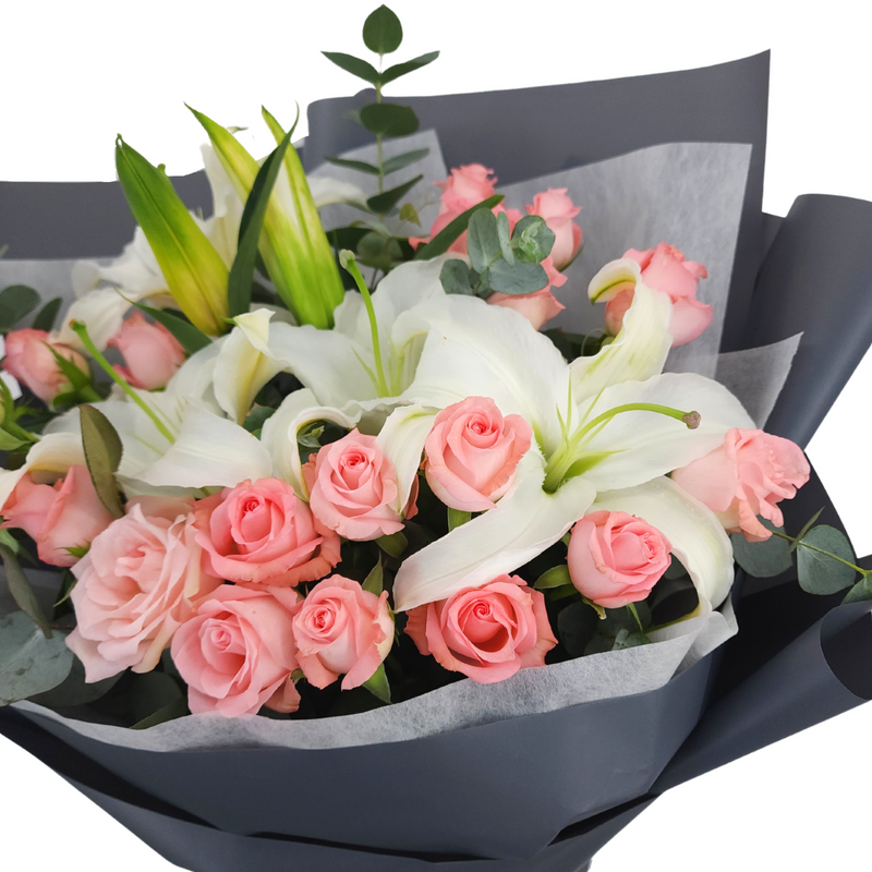 bruna White Lilies & Pink Roses Bouquets Birthday Flower Bouquet Singapore