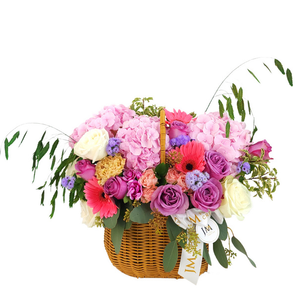 celeste Roses, Hydrangeas, and Carnations Korean-Style Basket Arrangement Birthday Flower Bouquet Singapore