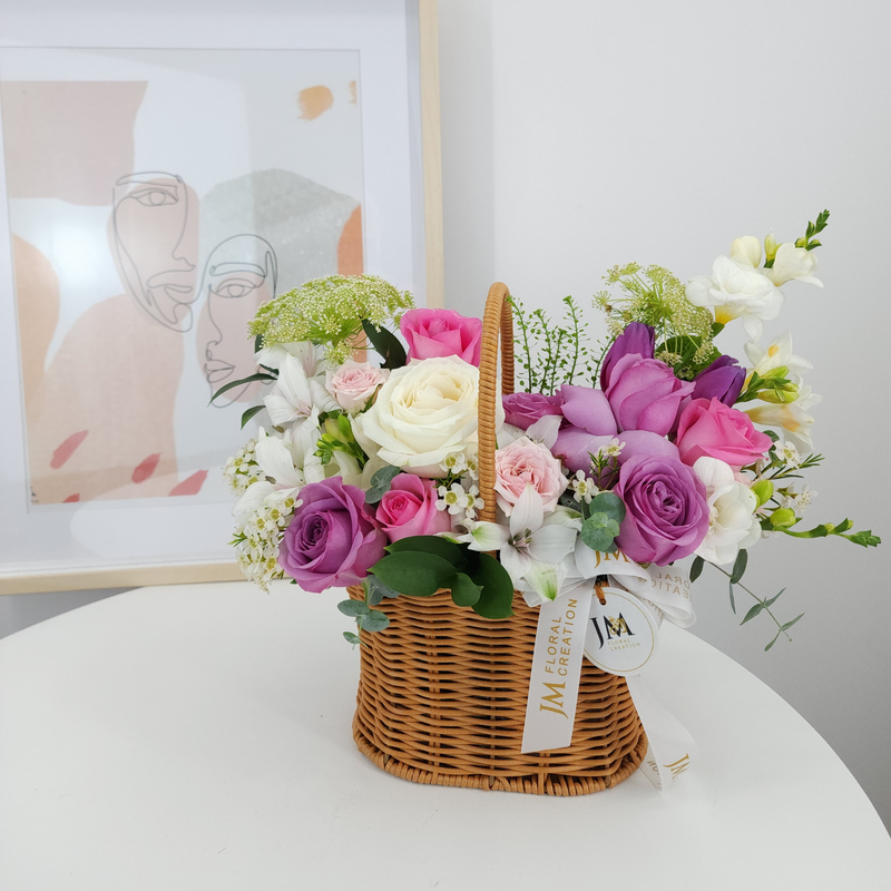 clara Rose & Tulip Korean-Style Basket Arrangement Birthday Flower Bouquet Singapore