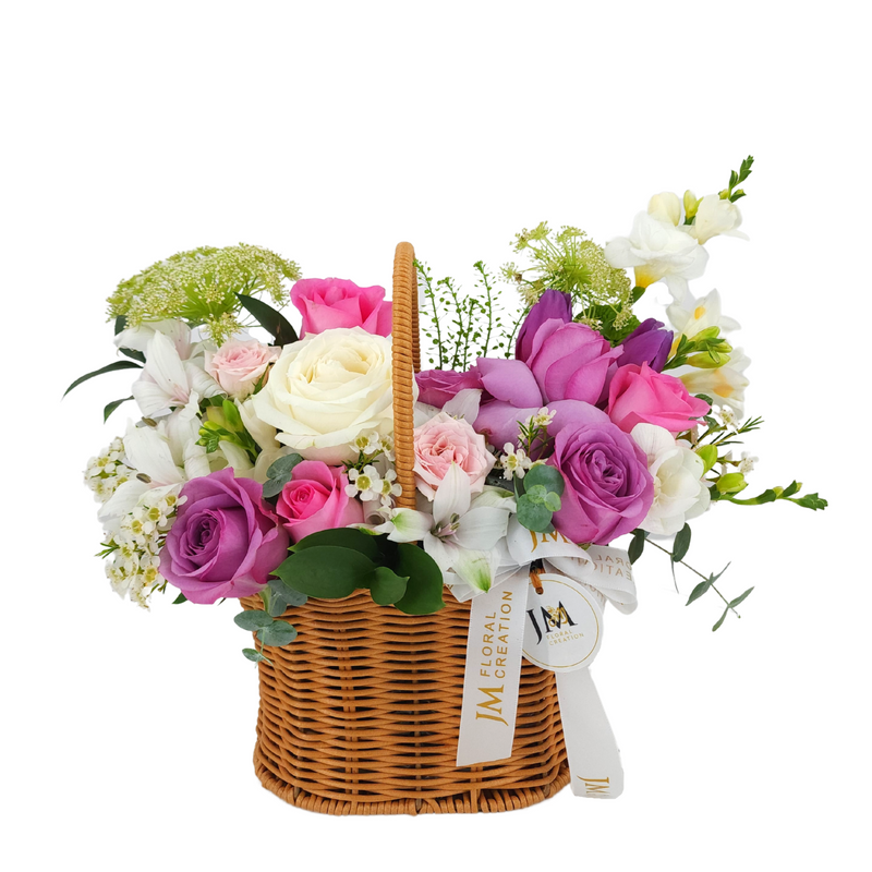 clara Rose & Tulip Korean-Style Basket Arrangement Birthday Flower Bouquet Singapore