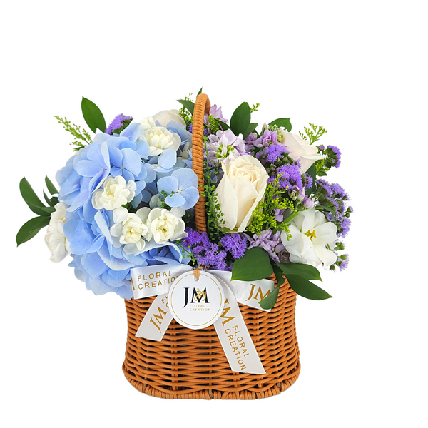 delfina White Roses & Blue Hydrangeas Korean-Style Basket Arrangement Birthday Flower Bouquet Singapore
