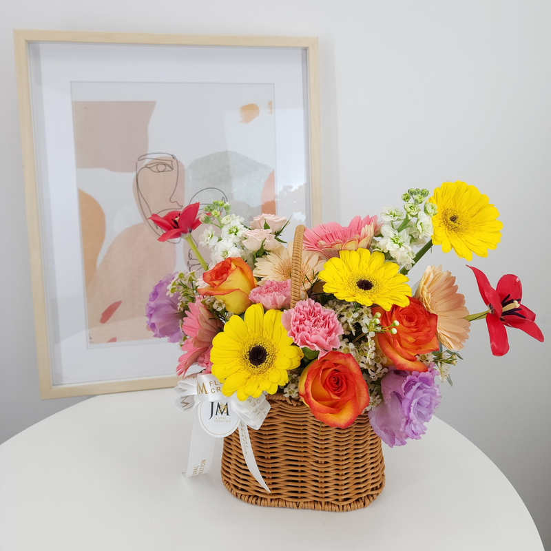 gabriela Roses, Carnations & Tulip Korean-Style Basket Arrangement Birthday Flower Bouquet Singapore