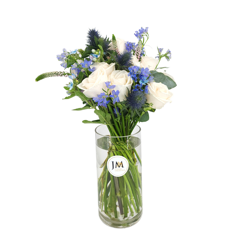 gloria White and Blue Vase Arrangement Birthday Flower Bouquet Singapore