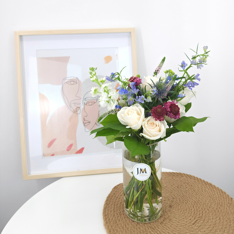 hailey Purple, White, And Blue Vase Arrangement Birthday Flower Bouquet Singapore