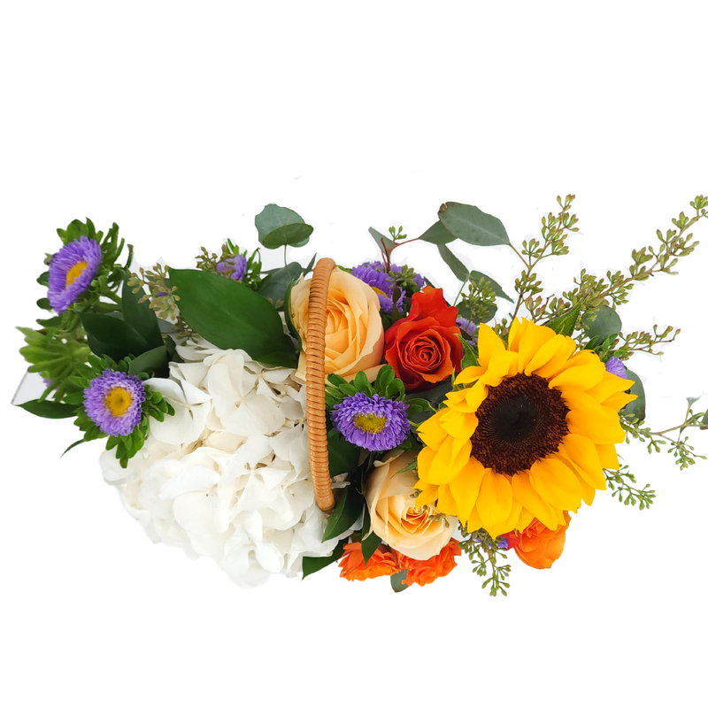 irene Roses, Hydrangeas & Sunflower Korean-Style Basket Arrangement Birthday Flower Bouquet Singapore