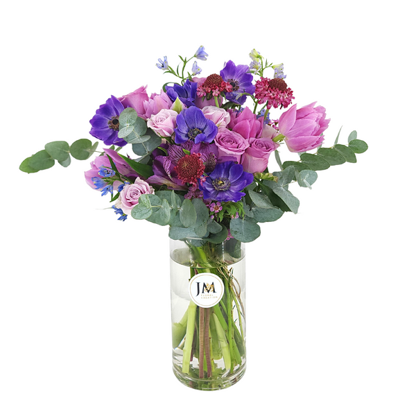 lina Purple Tulips & Roses Vase Arrangement Birthday Flower Bouquet Singapore