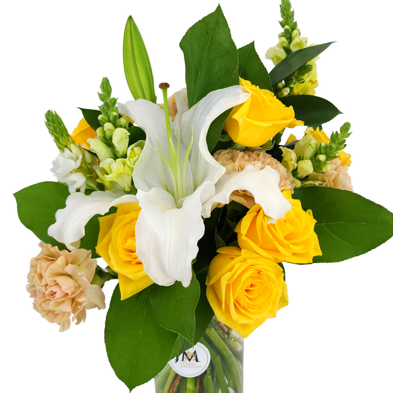 loretta Yellow Roses and White  Lilies Vase Arrangement Birthday Flower Bouquet Singapore