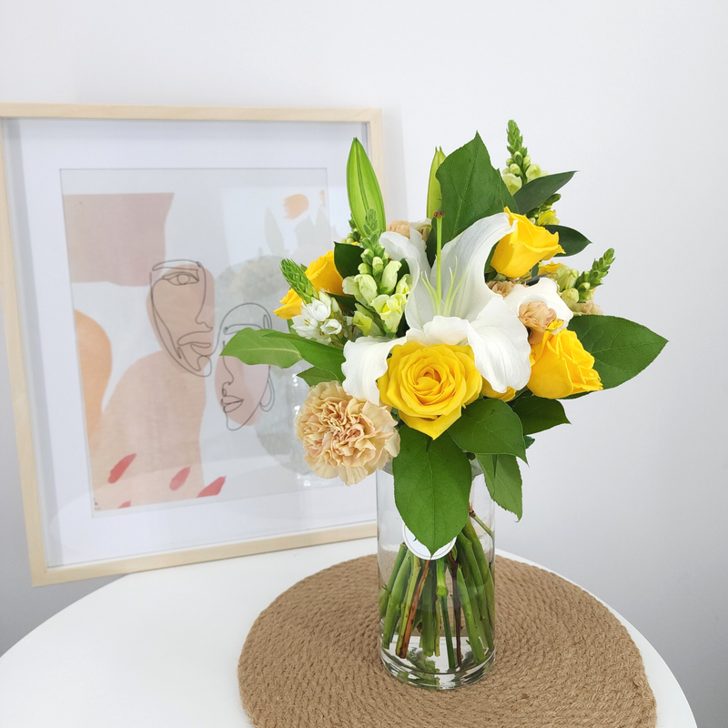 loretta Yellow Roses and White  Lilies Vase Arrangement Birthday Flower Bouquet Singapore
