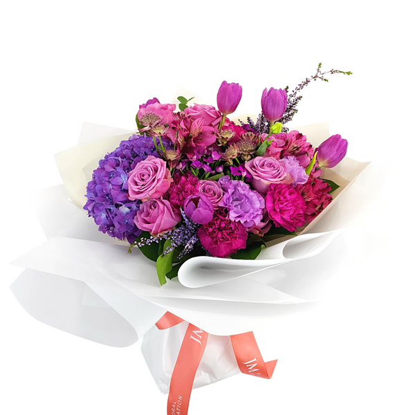 mulberry Hydrangeas, Carnations and Roses Birthday Flower Bouquet Singapore