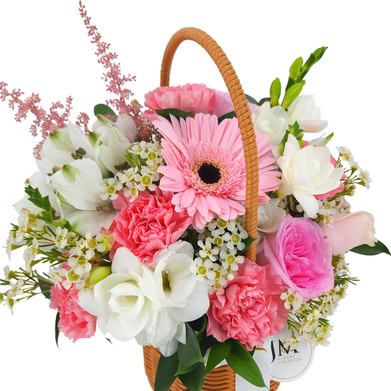 pearl Pink Roses & Carnations Korean-Style Basket Arrangement Birthday Flower Bouquet Singapore