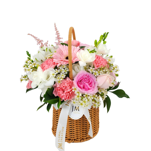 pearl Pink Roses & Carnations Korean-Style Basket Arrangement Birthday Flower Bouquet Singapore