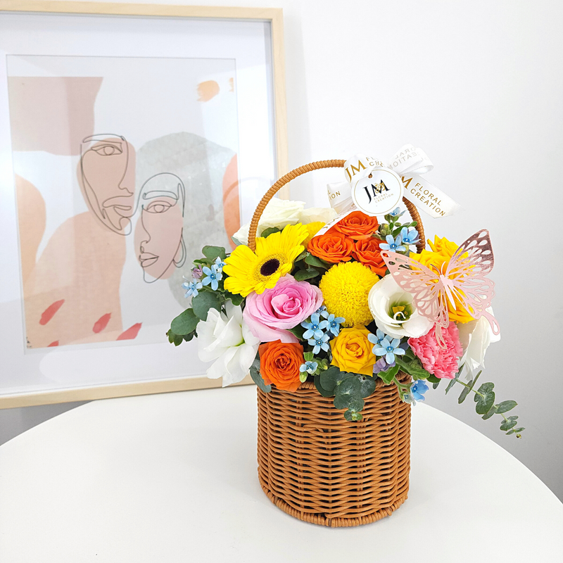 sunshine Roses & Carnation Korean-Style Basket Arrangement Birthday Flower Bouquet Singapore