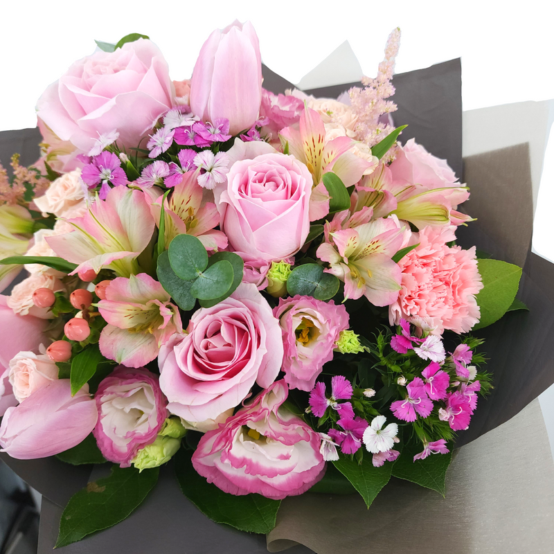 viola Pink Roses, Tulips, and Carnations Bouquet Birthday Flower Bouquet Singapore